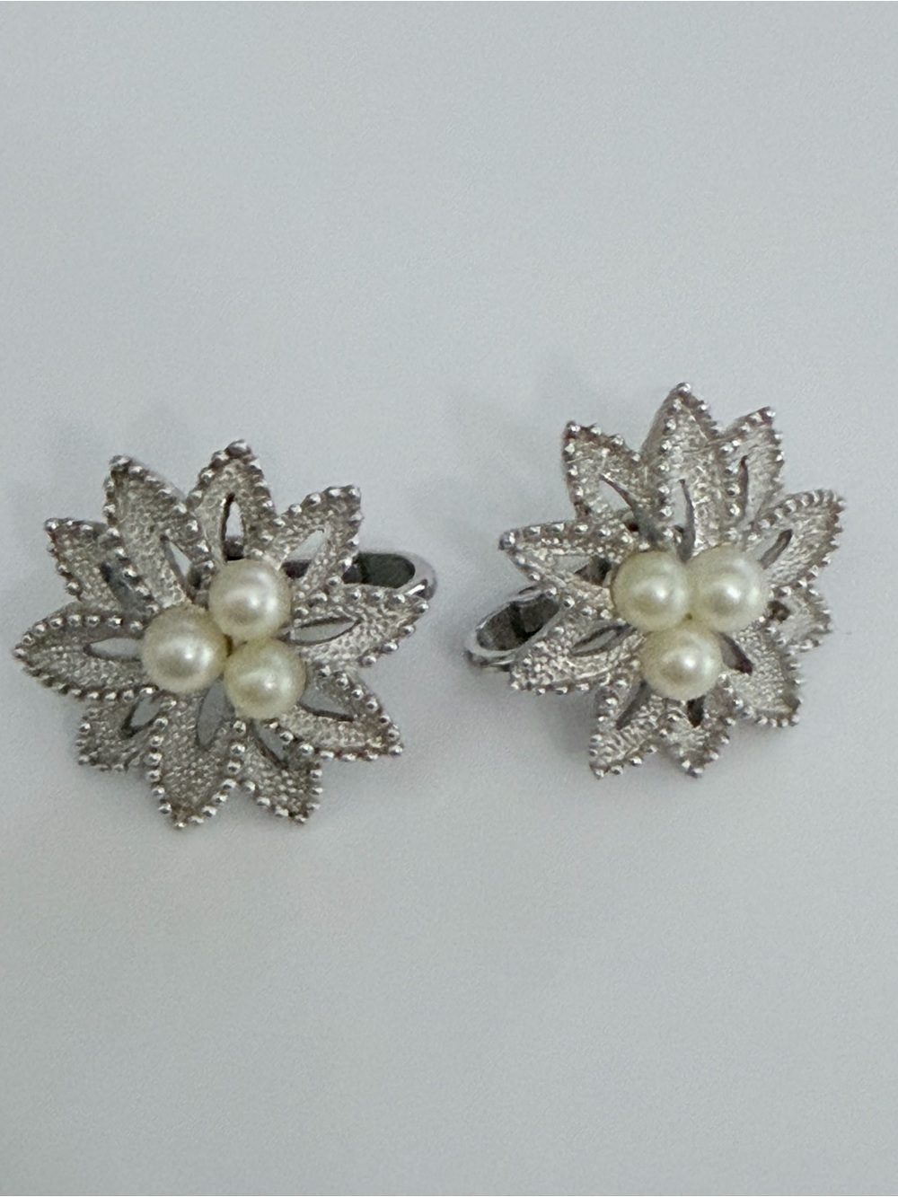 Trifari Signed Vintage Silver Tone Flower Clip-On Earrings Faux Pearl Cluster 1"